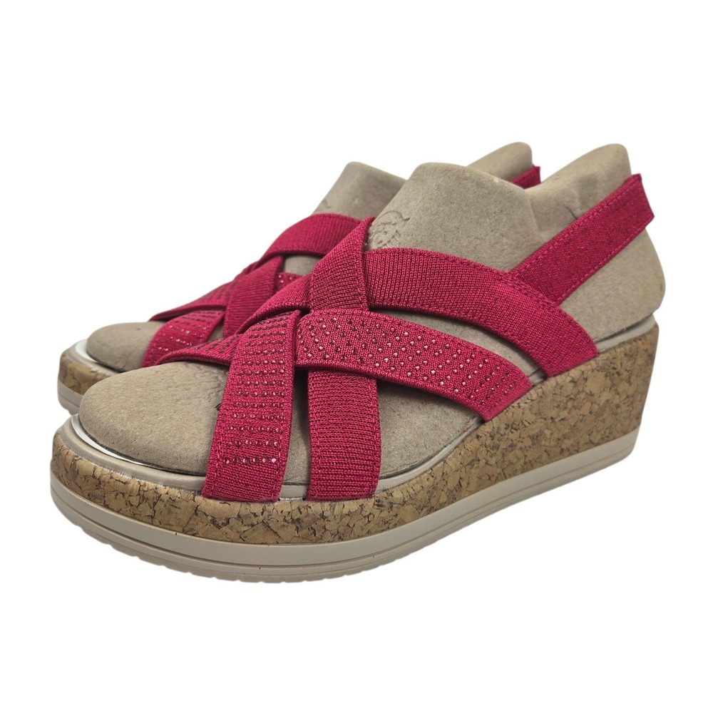 BZees Ritz Sparkle Machine Slingback‎ Wedge Sandals Red Faux Cork Heel 9M NWOB
